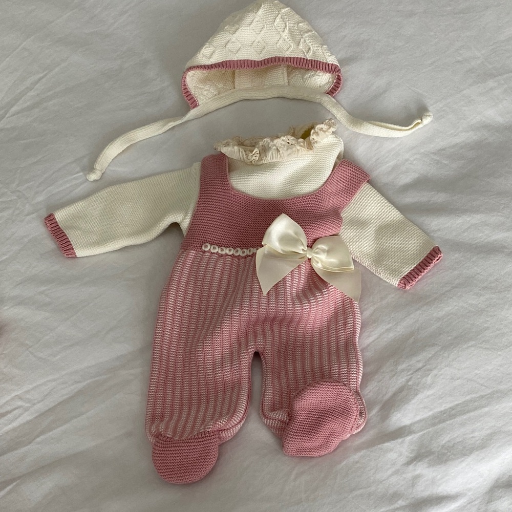 Cream & Pink Knit Baby Footed One-Piece with Bow Detail